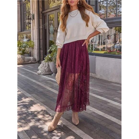 1pc Solid Color Casual Elegant Lace Skirt, Suitable For Dates, Beach, Country - Picture 6 of 6